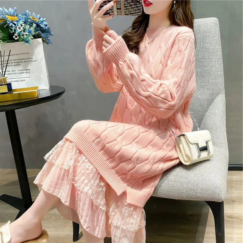 2022 Autumn And Winter Lace Patchwork Medium Length Sweater Solid Color Twist Pullover Wool Dress
2022 Autumn And Winter Lace Patchwork Medium Length Sweater Solid Color Twist Pullover Wool Dress