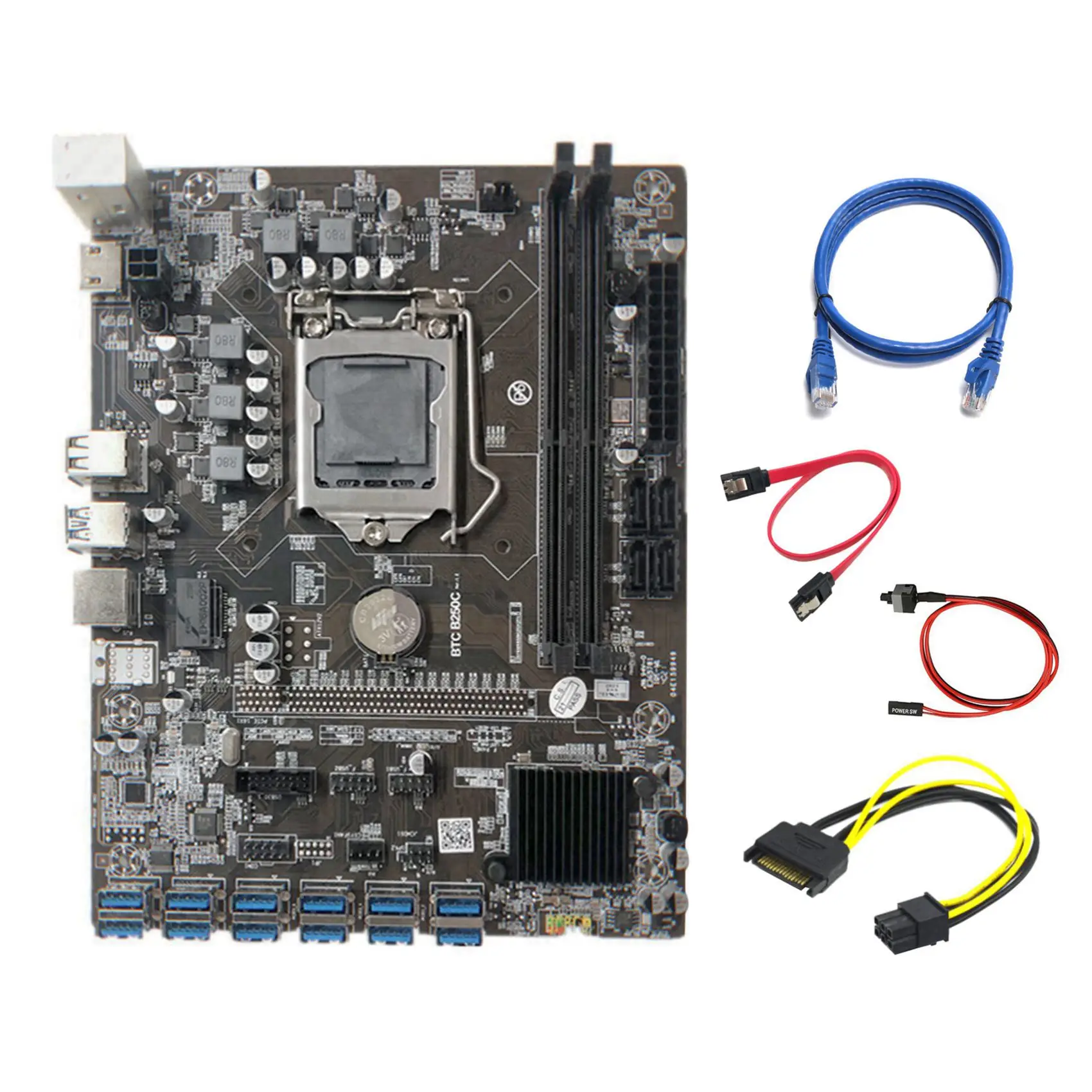 B250C Miner Motherboard+SATA 15Pin to 6Pin Cable+RJ45 Cable+SATA Cable+Switch Cable 12 PCIE to USB3.0 GPU Slot for BTC
B250C Miner Motherboard+SATA 15Pin to 6Pin Cable+RJ45 Cable+SATA Cable+Switch Cable 12 PCIE to USB3.0 GPU Slot for BTC