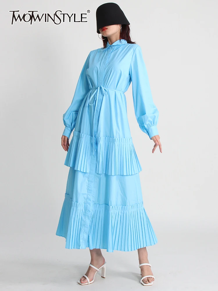 TWOTWINSTYLE Autumn Dress For Women Lapel Long Sleeve High Waist Patchwork Ruched Solid Casual Midi Dresses Female Clothing 2022
TWOTWINSTYLE Autumn Dress For Women Lapel Long Sleeve High Waist Patchwork Ruched Solid Casual Midi Dresses Female Clothing 2022