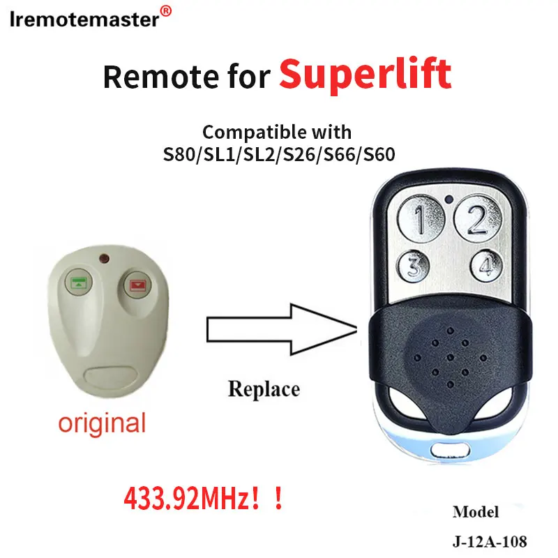 

Replacement SUPERLIFT S80/SL1/SL2 /S26/S60 Motor SUPER LIFT Garage Remote Control 433.92MHz Rolling Code