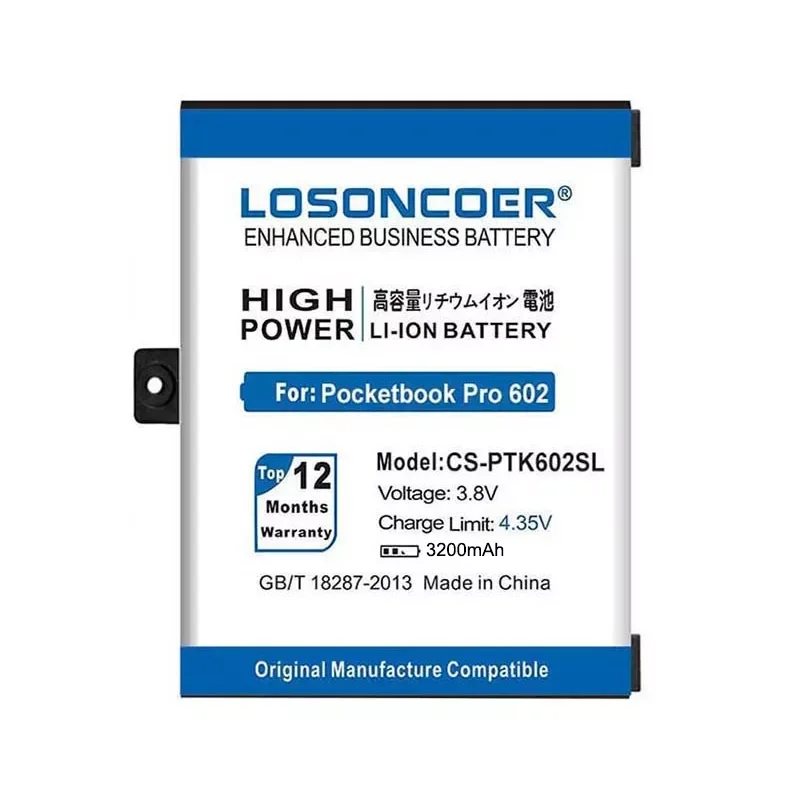 NEW2023 LOSONCOER 3200mAh CS-PTK602SL 1ICP4/40/60 1S1P Good Quality Battery For Pocketbook Pro 602/603/612/902/903/912/920 920.W
NEW2023 LOSONCOER 3200mAh CS-PTK602SL 1ICP4/40/60 1S1P Good Quality Battery For Pocketbook Pro 602/603/612/902/903/912/920 920.W