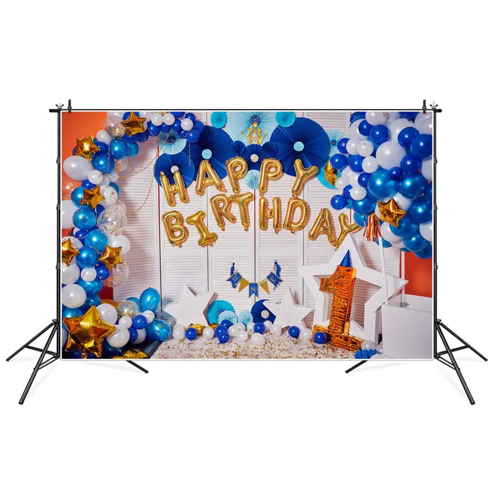 

1st Baby Boy Birthday Photography Backgrounds Golden Stars Blue Balloons Door Shield Kid Party Backdrops Photographic Portrait