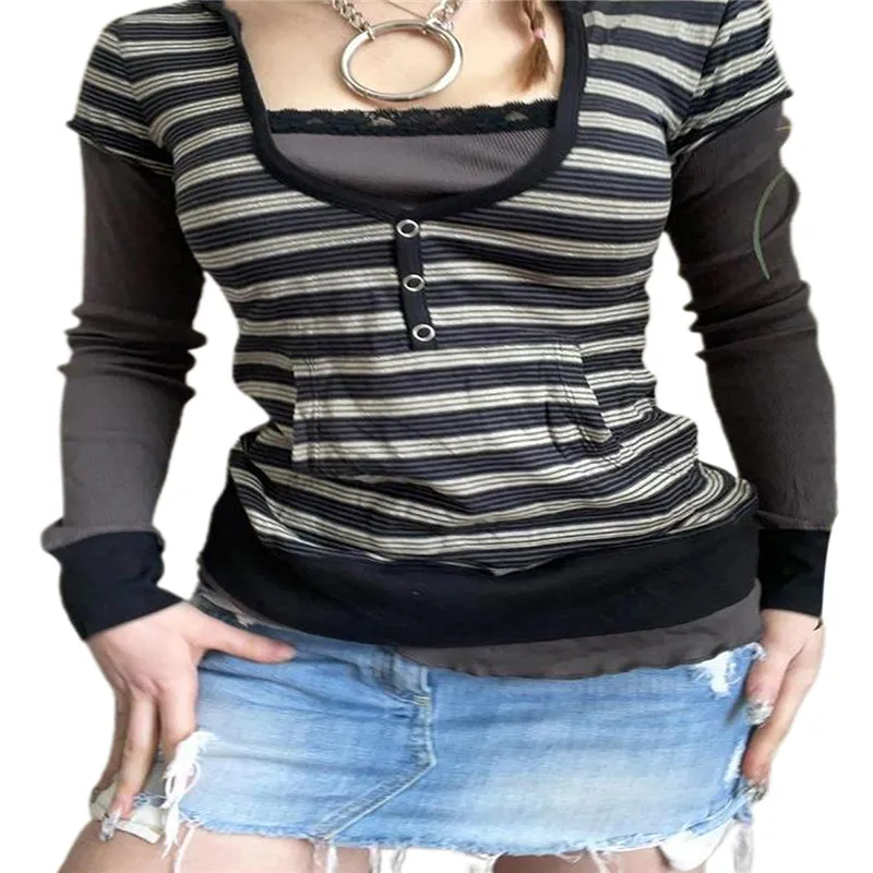 Women Fake Two-piece Striped T-shirt Y2K Casual Slim Long Sleeve Crew Neck Blouse Ladies Vintage Pullovers Tees Spring Autumn
Women Fake Two-piece Striped T-shirt Y2K Casual Slim Long Sleeve Crew Neck Blouse Ladies Vintage Pullovers Tees Spring Autumn