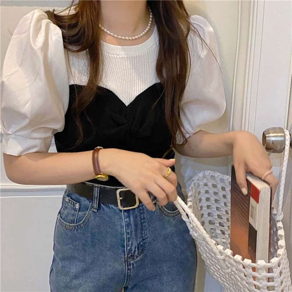 Summer Women's Top Fake Two-piece Short-sleeved T-shirt 2022 New French-chic Puff Sleeves Slimming Tops Korean Ladiles Clothing
Summer Women's Top Fake Two-piece Short-sleeved T-shirt 2022 New French-chic Puff Sleeves Slimming Tops Korean Ladiles Clothing