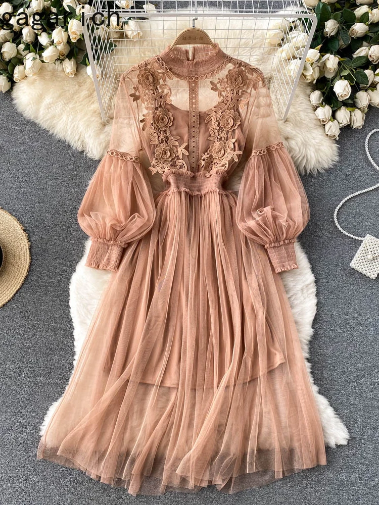 Gagarich Ladies Dress Three-dimensional Flower Hook Mesh Temperament Stand Collar Lantern Sleeve High Waist Slim Female Dresses
Gagarich Ladies Dress Three-dimensional Flower Hook Mesh Temperament Stand Collar Lantern Sleeve High Waist Slim Female Dresses