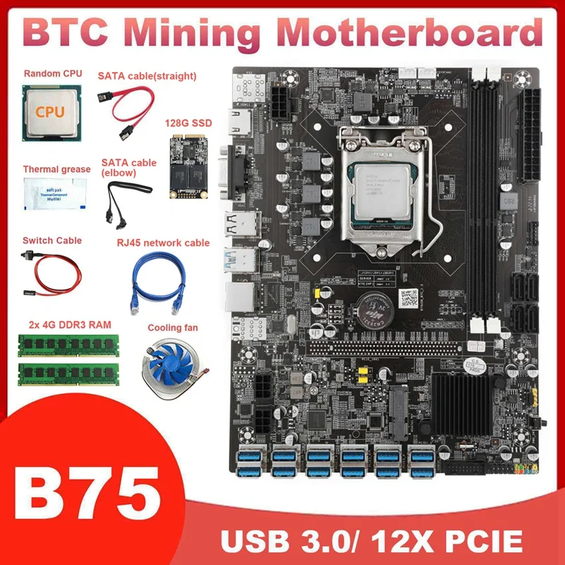 B75 12USB LGA1155 Miner Motherboard+CPU+2X4G DDR3 RAM+128G SSD+Fan+Thermal Grease+2XSATA Cable+Switch Line+Network Cable
B75 12USB LGA1155 Miner Motherboard+CPU+2X4G DDR3 RAM+128G SSD+Fan+Thermal Grease+2XSATA Cable+Switch Line+Network Cable