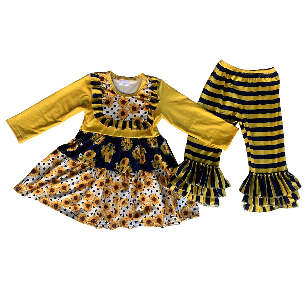 Wholesale girls clothes ruffle floral pattern long sleeve dress top stripe bell pant sunflower outfit
Wholesale girls clothes ruffle floral pattern long sleeve dress top stripe bell pant sunflower outfit