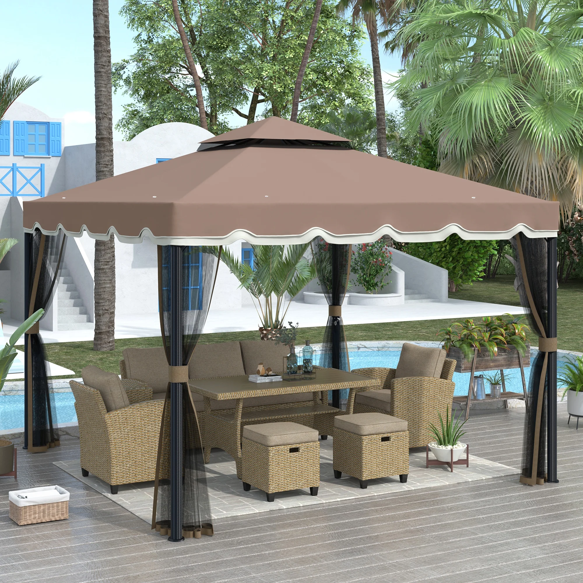 9.8Ft. Wx8.8Ft. H Outdoor Steel Vented Dome Top Patio Gazebo With Netting For Backyard Poolside And Deck Brown Patio Umbrellas
9.8Ft. Wx8.8Ft. H Outdoor Steel Vented Dome Top Patio Gazebo With Netting For Backyard Poolside And Deck Brown Patio Umbrellas