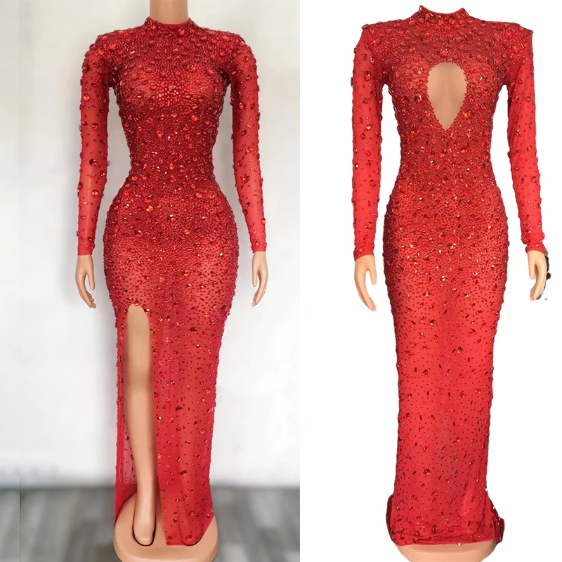 Sexy Transparent Long Dress Flashing Red Crystals Stones Mesh Stretch Dance Dress Evening Birthday Celebrate Costume XS4167
Sexy Transparent Long Dress Flashing Red Crystals Stones Mesh Stretch Dance Dress Evening Birthday Celebrate Costume XS4167