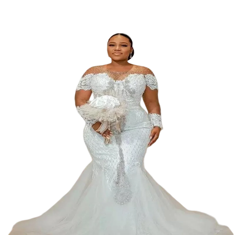 

Fashion Long Sleeves Plus Size Mermaid Wedding Dresses Jewel Neck Beaded Lace Applique Sweep Train Vestido De Novia