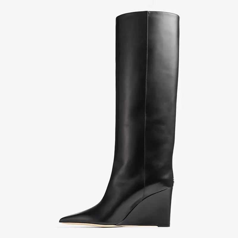 2023 New Women Black Leather Pointed Toe Wedge Knee High Boots Pull on Velvet Metallic Knee Boots Winter Comfort Fashion 35-43
2023 New Women Black Leather Pointed Toe Wedge Knee High Boots Pull on Velvet Metallic Knee Boots Winter Comfort Fashion 35-43
