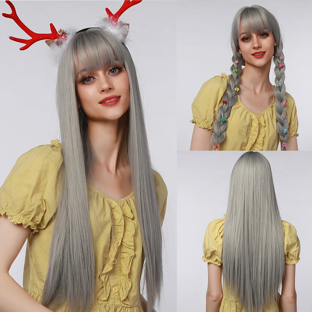 Silky Long Straight Synthetic Wig Gray Wigs With Bangs For Woman Daily Party Lolita Cosplay Fake Hair Heat Resistant Fiber
Silky Long Straight Synthetic Wig Gray Wigs With Bangs For Woman Daily Party Lolita Cosplay Fake Hair Heat Resistant Fiber