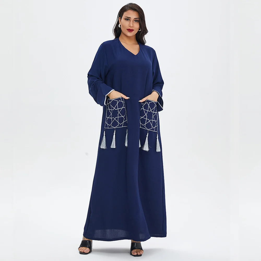 2023 Fashion New Muslim Casual Large Pocket Tassel Decoration Arabic V-neck Long Sleeve Loose Solid Color Dress
2023 Fashion New Muslim Casual Large Pocket Tassel Decoration Arabic V-neck Long Sleeve Loose Solid Color Dress
