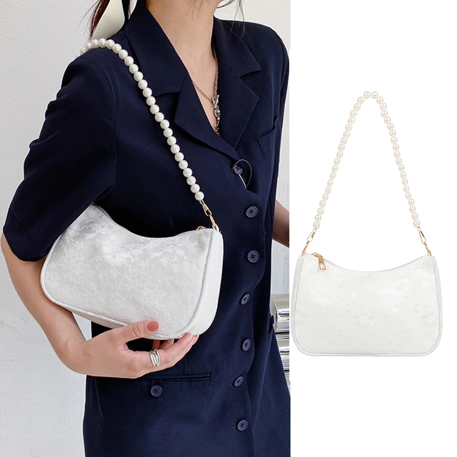 Vintage Pearl Chain Handbags Women Shoulder Bag Jacquard Lace Flower Solid Color Underarm Handbag Female Storage Purse Bag
Vintage Pearl Chain Handbags Women Shoulder Bag Jacquard Lace Flower Solid Color Underarm Handbag Female Storage Purse Bag