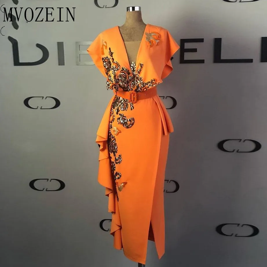 Gold Lace Appliques Evening Dresses 2023 Cap Sleeves V Neck Sheath Evening Gowns Orange Slit Sequins Tea Length Formal Dress
Gold Lace Appliques Evening Dresses 2023 Cap Sleeves V Neck Sheath Evening Gowns Orange Slit Sequins Tea Length Formal Dress