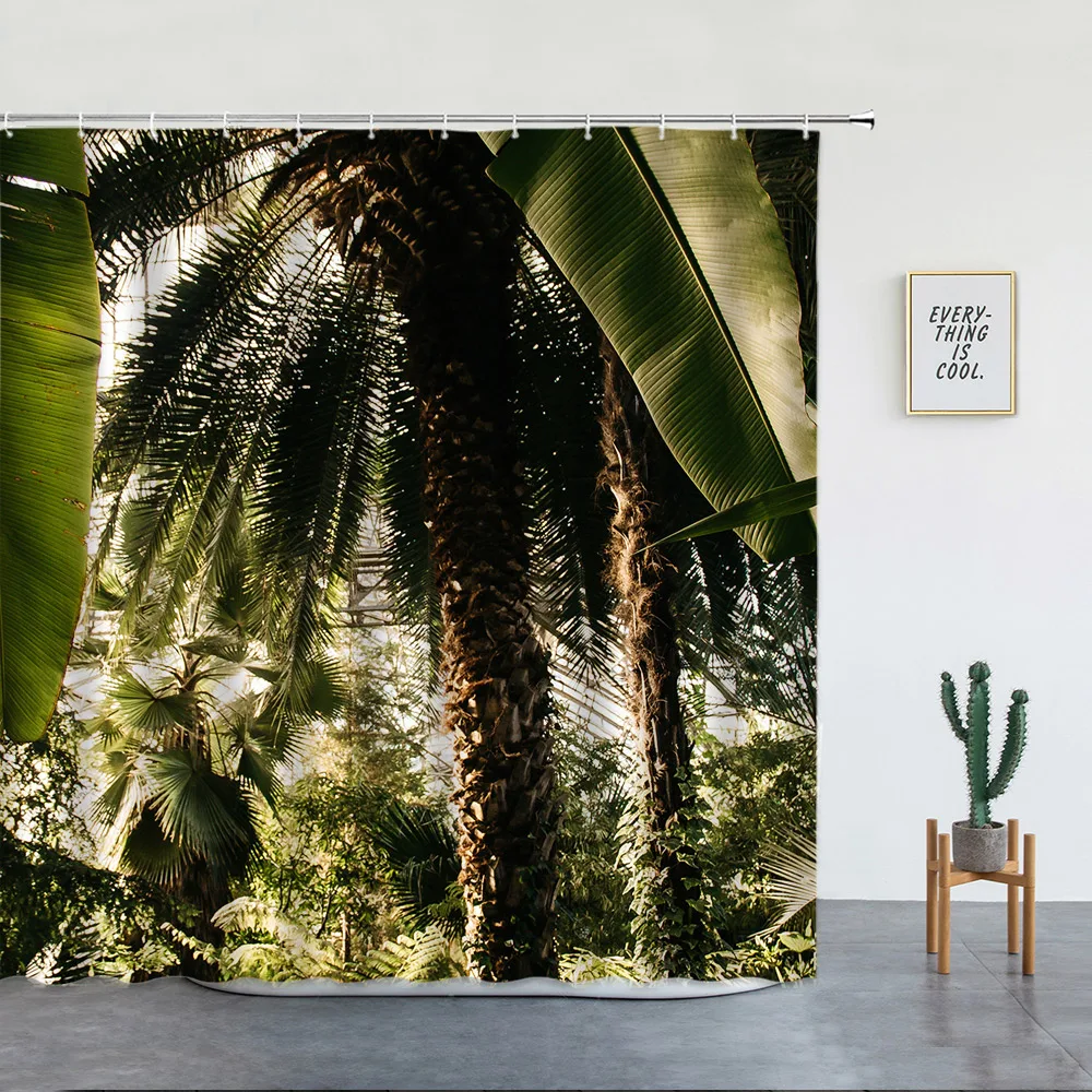 

Tropical Jungle Plants Shower Curtains Palm Trees Misty Natural Landscape Modern Decor Polyester Fabric Bath Curtain Sets Green