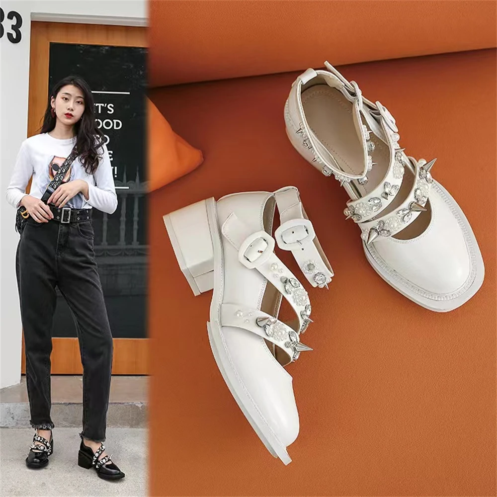 Women's Autumn Middle Thick Heel Round Toe Pumps Black Sliver White Pearls Rivets Ankle Buckle Mary Jane Shoes Fashion Casual
Women's Autumn Middle Thick Heel Round Toe Pumps Black Sliver White Pearls Rivets Ankle Buckle Mary Jane Shoes Fashion Casual