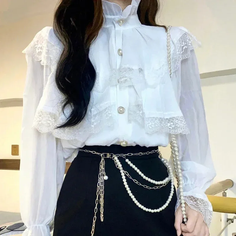Fashion 2023 White Blouse Women Stand Collar Chiffon Shirts Long Sleeve Ruffles Lace Tops Vintage Elegant Female Shirts D128
Fashion 2023 White Blouse Women Stand Collar Chiffon Shirts Long Sleeve Ruffles Lace Tops Vintage Elegant Female Shirts D128