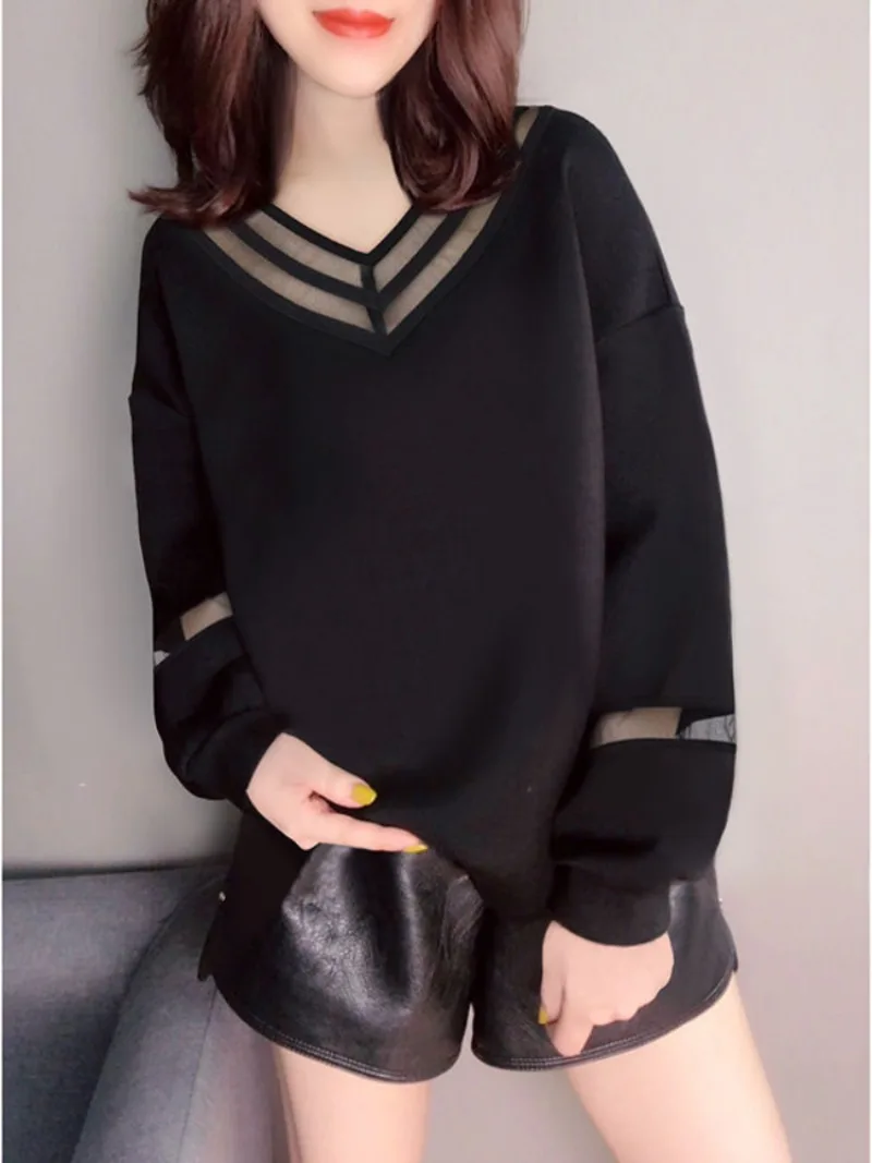 

V Neck Female Clothes Pullovers Black Plain Loose Sweatshirts for Women Baggy Emo Trend Y2k Vintage Basic Novelty 90s Kpop Tops