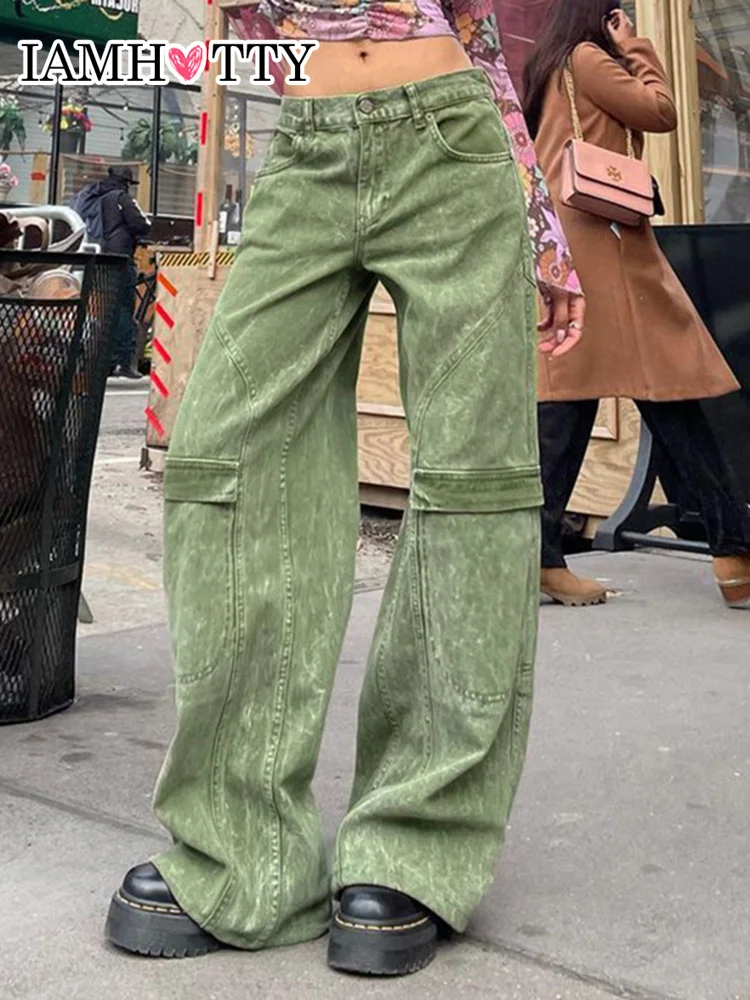 

Джинсовые брюки-карго IAMHOTTY с эффектом потертости и низкой талией, широкие мешковатые джинсы для мам, винтажная уличная одежда, шикарные зел...