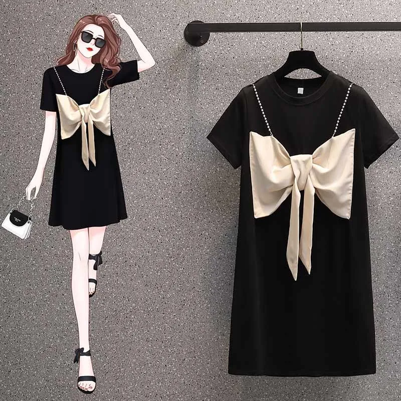 Black Short Sleeve Beading Bow Mini Dress Summer Elegant Loose Waist Pullovers Dress Women Korean Vintage Hepburn Dress L-4XL
Black Short Sleeve Beading Bow Mini Dress Summer Elegant Loose Waist Pullovers Dress Women Korean Vintage Hepburn Dress L-4XL