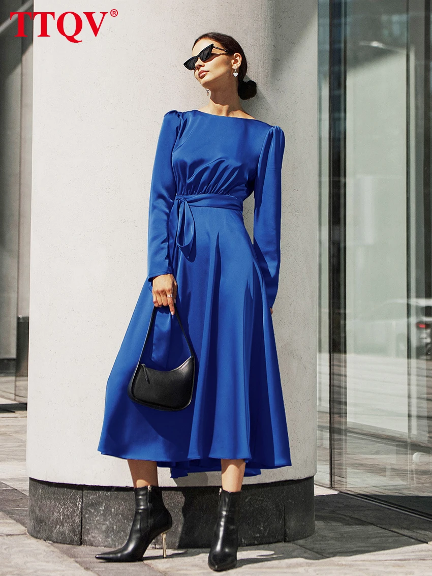 TTQV Elegant Blue O-neck Women's Dresses 2023 Fashion Long Sleeve Open Back Satin Dresses Casual Lace-up Midi Dress Streetwear 
TTQV Elegant Blue O-neck Women's Dresses 2023 Fashion Long Sleeve Open Back Satin Dresses Casual Lace-up Midi Dress Streetwear