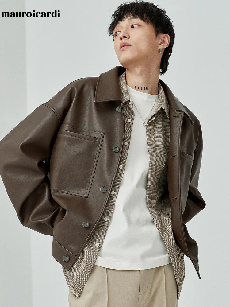 Spring Autumn Short Oversized Brown Black Soft Faux Leather Jackets for Men Pockets Long Sleeve Korean Fashion 2022
Spring Autumn Short Oversized Brown Black Soft Faux Leather Jackets for Men Pockets Long Sleeve Korean Fashion 2022