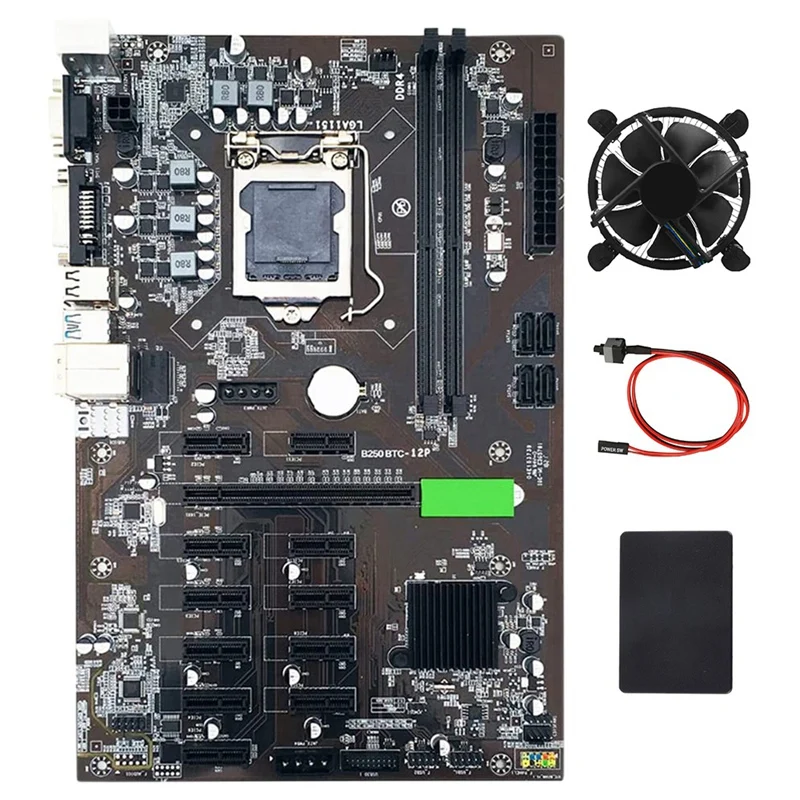 B250 BTC Mining Motherboard 12 PCIE 16X Graph Card LGA1151 With SATA SSD 128G+Cooling Fan +Switch Cable Support DDR4
B250 BTC Mining Motherboard 12 PCIE 16X Graph Card LGA1151 With SATA SSD 128G+Cooling Fan +Switch Cable Support DDR4
