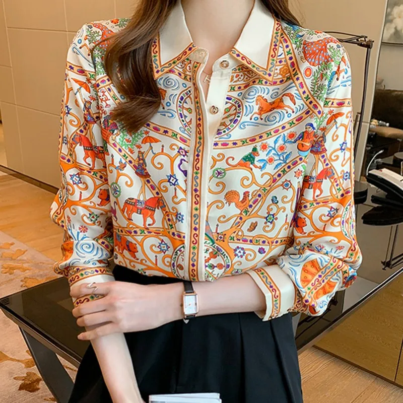 2022 Spring Office Lady Shirts Turn-down Collar Vintage Print Tops Elegant Chiffon Women Blouses Loose Casual Shirts
2022 Spring Office Lady Shirts Turn-down Collar Vintage Print Tops Elegant Chiffon Women Blouses Loose Casual Shirts