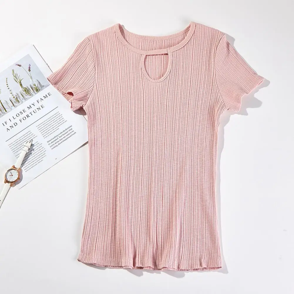 Pullover T-shirt Ribbed Summer Top Pure Color Lady Knitted Tee Top 
Pullover T-shirt Ribbed Summer Top Pure Color Lady Knitted Tee Top