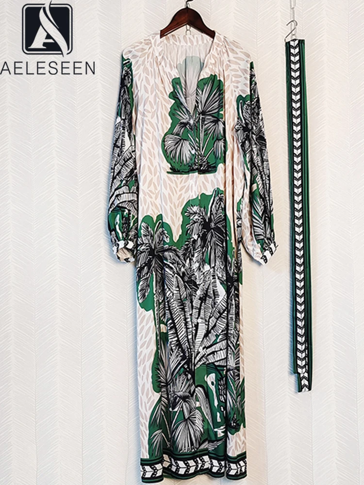 AELESEEN Women Autumn Winter Dress Long Sleeve V-Neck Green Flower Print Loose Maxi With Belt Elegant Party Vacation
AELESEEN Women Autumn Winter Dress Long Sleeve V-Neck Green Flower Print Loose Maxi With Belt Elegant Party Vacation