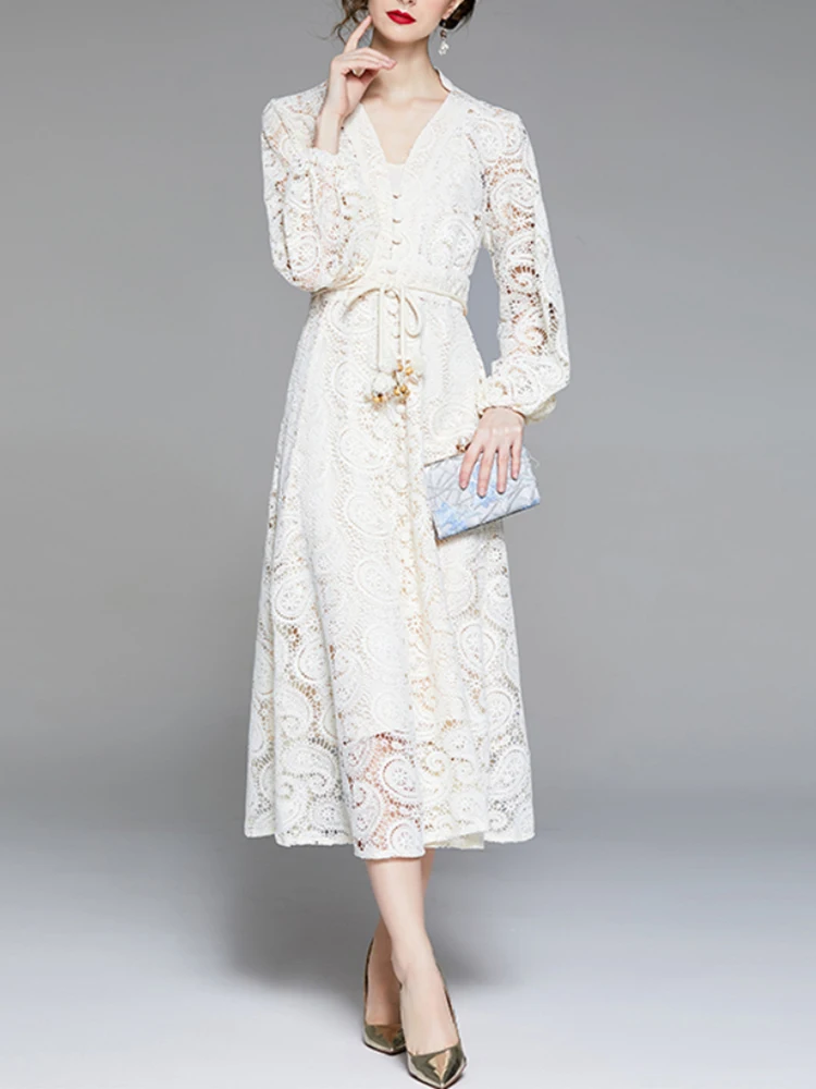 Fitaylor New Spring Autumn Lace Hollow Out Long Dress Women Elegant V-neck Lace-up Dress Lady Fashion High Waist A-line Dress
Fitaylor New Spring Autumn Lace Hollow Out Long Dress Women Elegant V-neck Lace-up Dress Lady Fashion High Waist A-line Dress