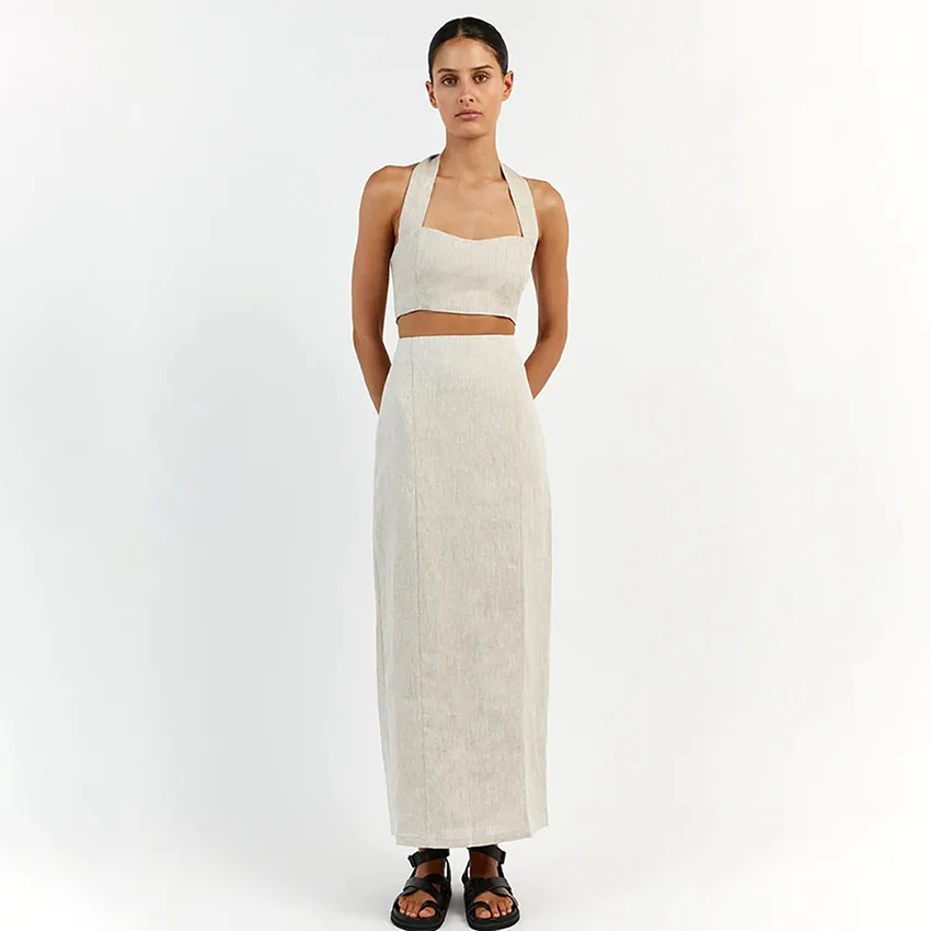 2023 Summer Women's Cotton Linen Hanging Neck Tank Top Long Dress Set Holiday Half Skirt Two Piece Dress Set Pure White Bra Top
2023 Summer Women's Cotton Linen Hanging Neck Tank Top Long Dress Set Holiday Half Skirt Two Piece Dress Set Pure White Bra Top