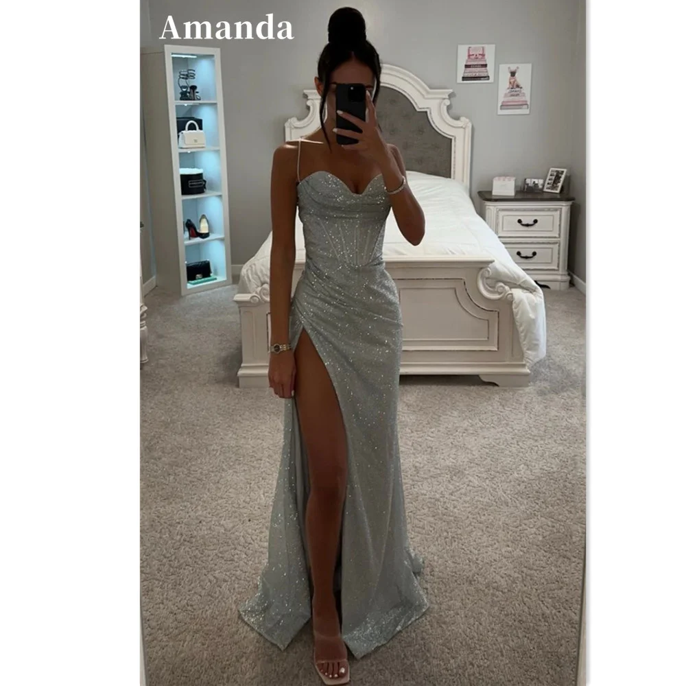 

Amanda Sexy Side Split Fishtail Vestido De Novia Bright Spaghetti Strap Prom Gown Shiny Mermaid Prom Dress Flashing فستان سهرة