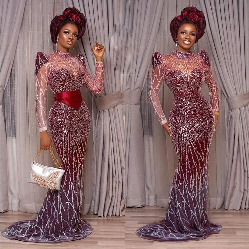 Purple Mermaid Evening Dresses High Neck Illusion Long Sleeves Sequined Lace African Women Prom Dress Customize Aso Ebi Vestidos
Purple Mermaid Evening Dresses High Neck Illusion Long Sleeves Sequined Lace African Women Prom Dress Customize Aso Ebi Vestidos