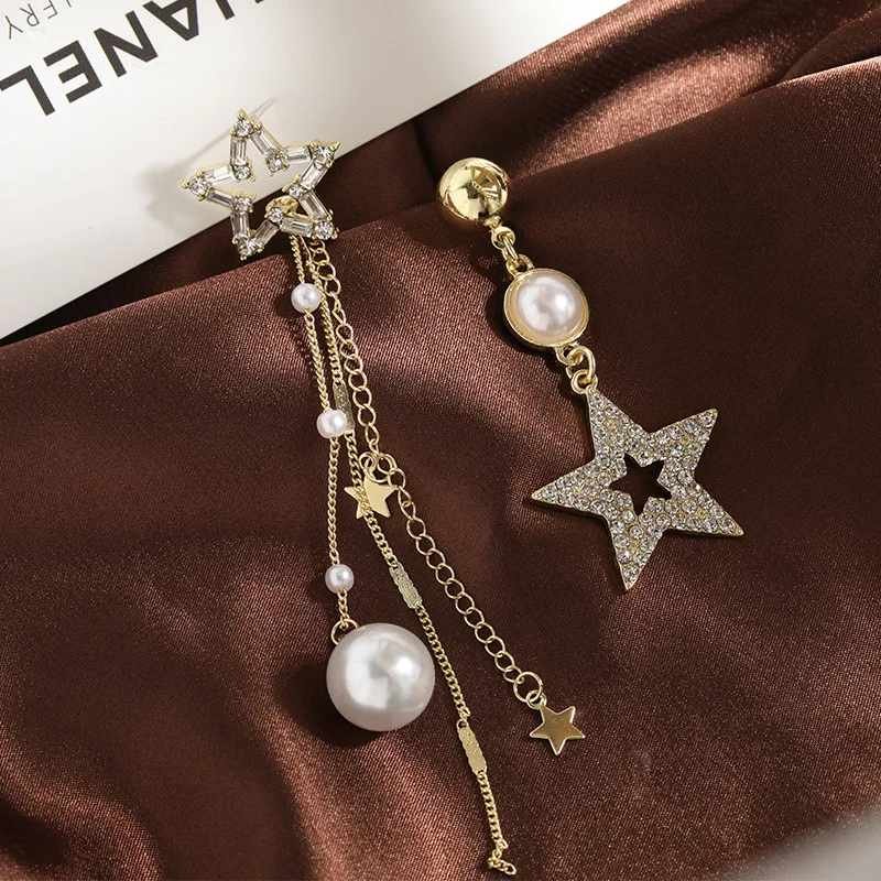 

VA107 S925 silver needle Korean five-pointed star asymmetric explosion style net red pearl zircon star long earrings