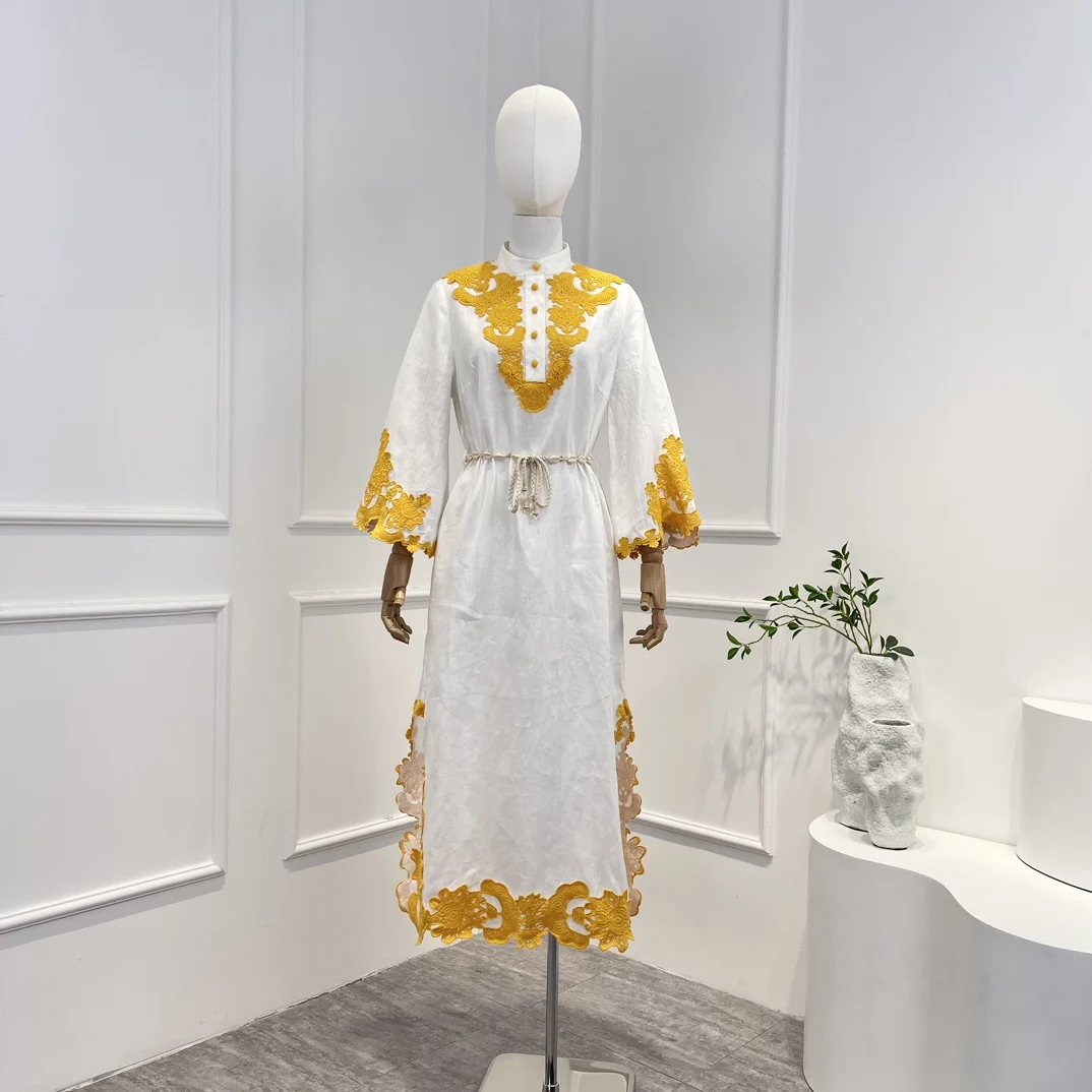 Linen New 2023 Spring Summer Top Quality Vintage White Yellow Lace Patchwork Embroidery Buttons Woman Midi Dress
Linen New 2023 Spring Summer Top Quality Vintage White Yellow Lace Patchwork Embroidery Buttons Woman Midi Dress
