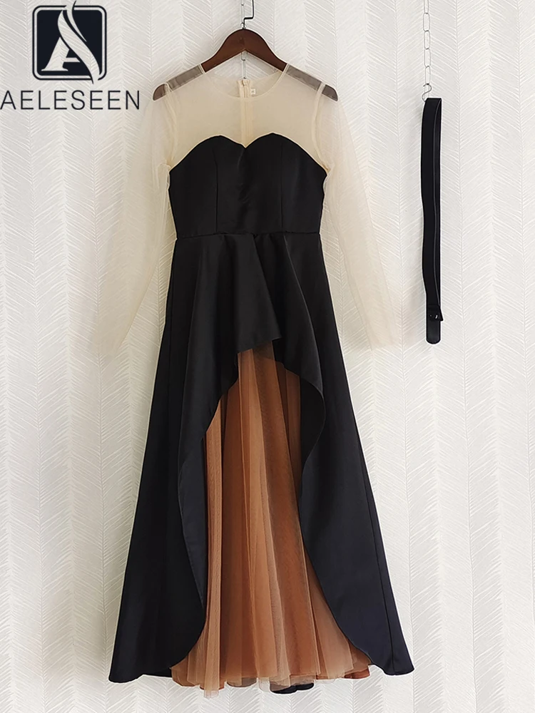 

AELESEEN Women Party Dress 2022 Autumn Winter Runway Fashion Mesh Patchwork Irregular Layered Tulle Elegant Long Vacation