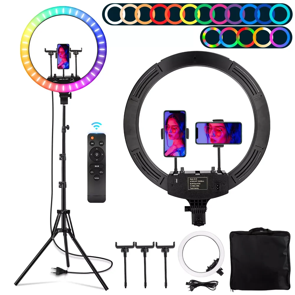 18 Inch Photography Ring Light RGB Ring Lamp with Tripod Dimmable 50W Video LED Round Fill Light for Phone 45cm Selfie Lighting
18 Inch Photography Ring Light RGB Ring Lamp with Tripod Dimmable 50W Video LED Round Fill Light for Phone 45cm Selfie Lighting