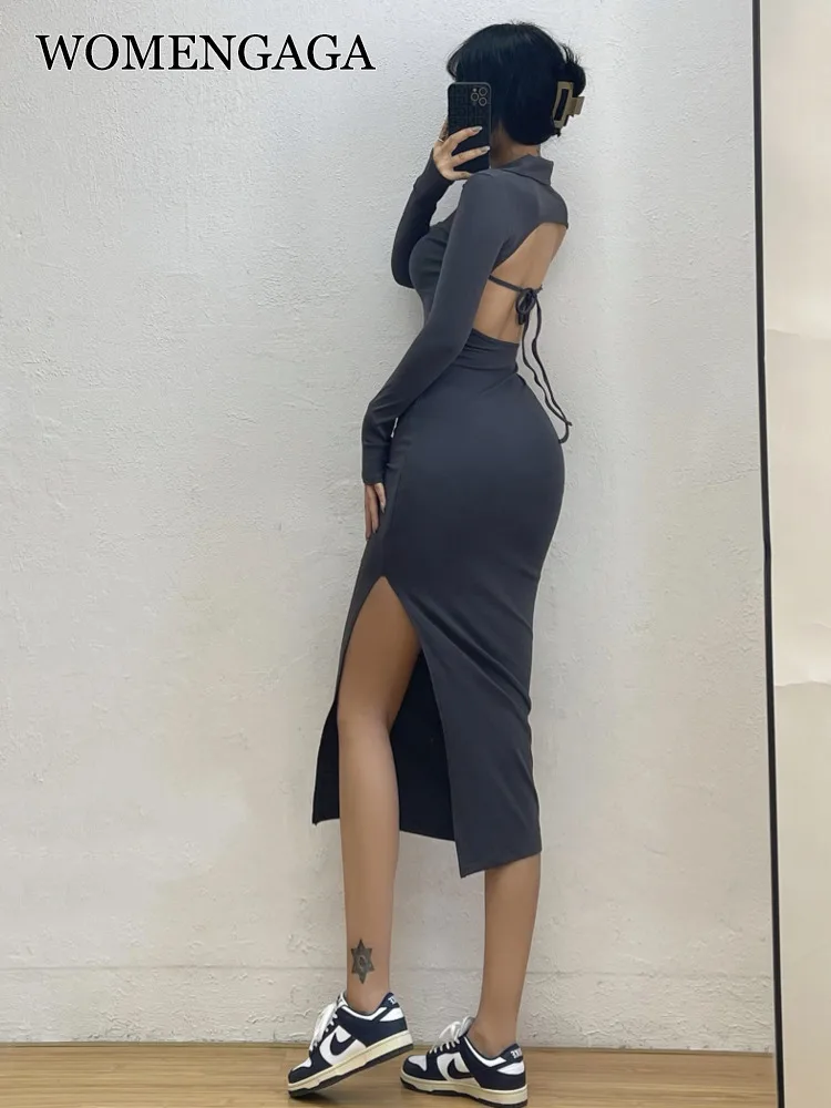 Платье женское длинное с открытой спиной, с разрезом и длинным рукавом 
Платье женское длинное с открытой спиной, с разрезом и длинным рукавом