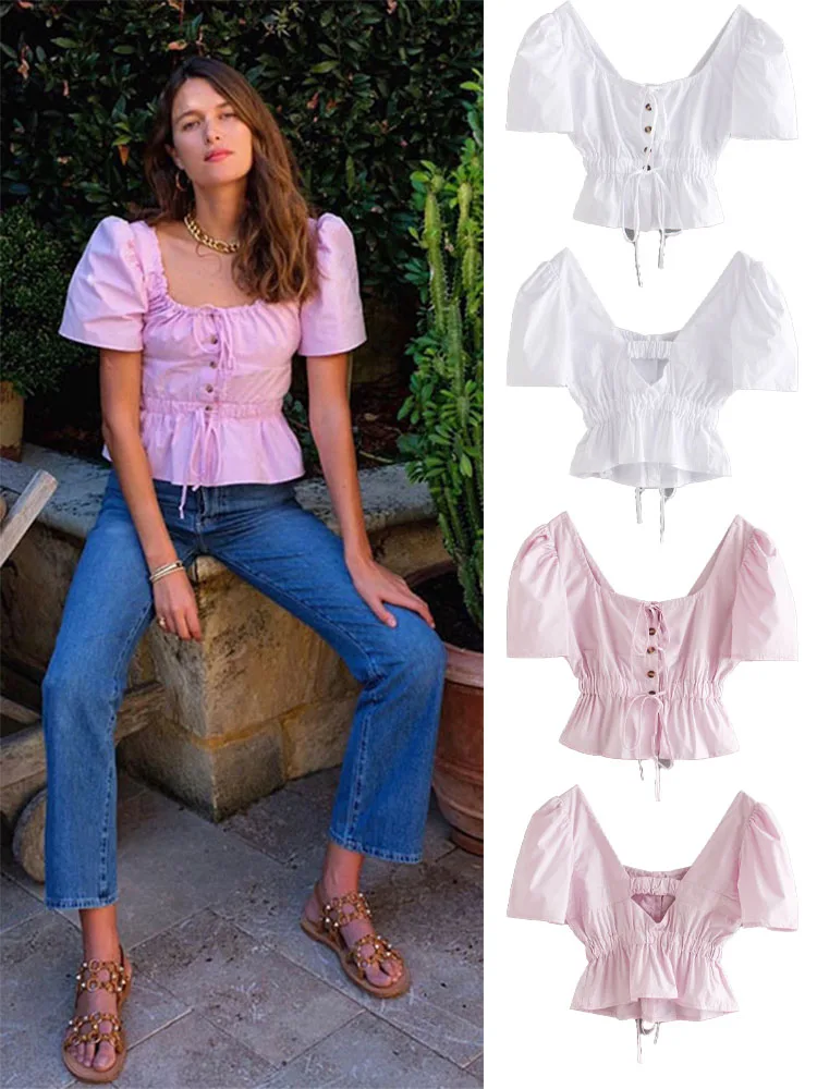 Summer new women's retro square neck puff sleeve waist fishtail knotted cotton short-sleeved shirt
Summer new women's retro square neck puff sleeve waist fishtail knotted cotton short-sleeved shirt