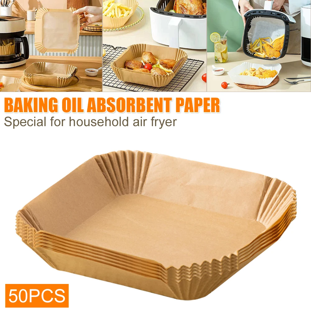 

50 Pcs Air Fryer Disposable Paper Liner Water-proof Oil-proof Baking Parchment Paper Non-Stick Roasting Sheets for Oven Steamer