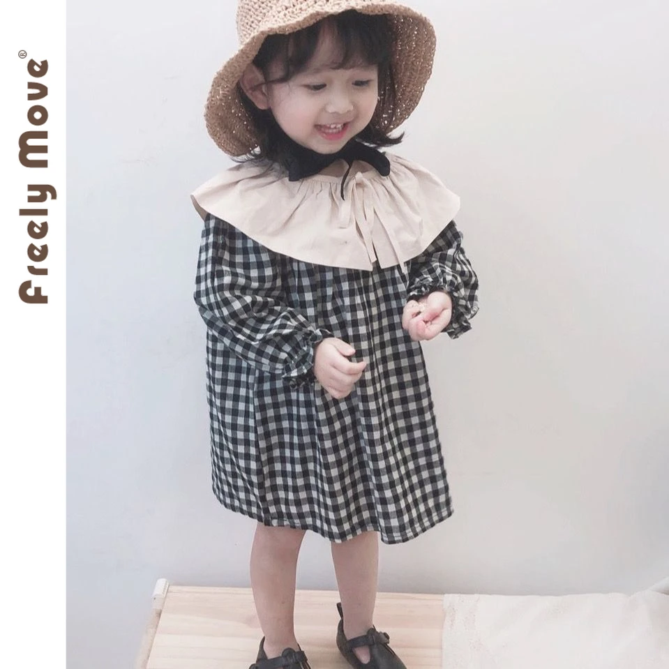 

Freely Move Sweet Girls Dress 2023 New Autumn Kids Dresses Long Sleeve Plaid Ruffles Loose Children Clothes for Baby Girls Dress