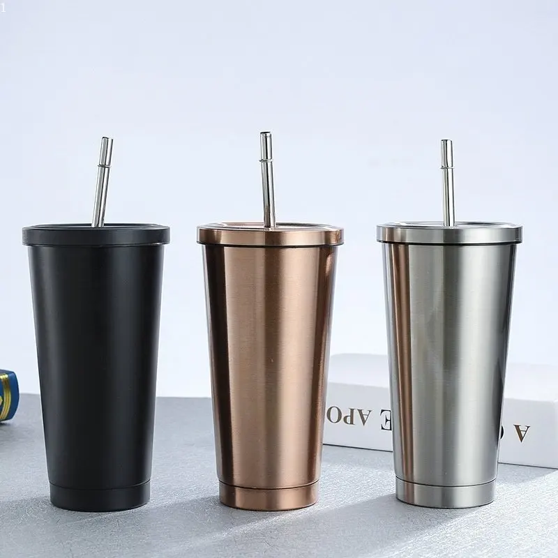 

500ml Coffee Mug Thermo Mug with Lid Stainless Steel Beer Mugs for Tea Cup Thermos Metal Cup Drink Straw Travel Cups Gifts