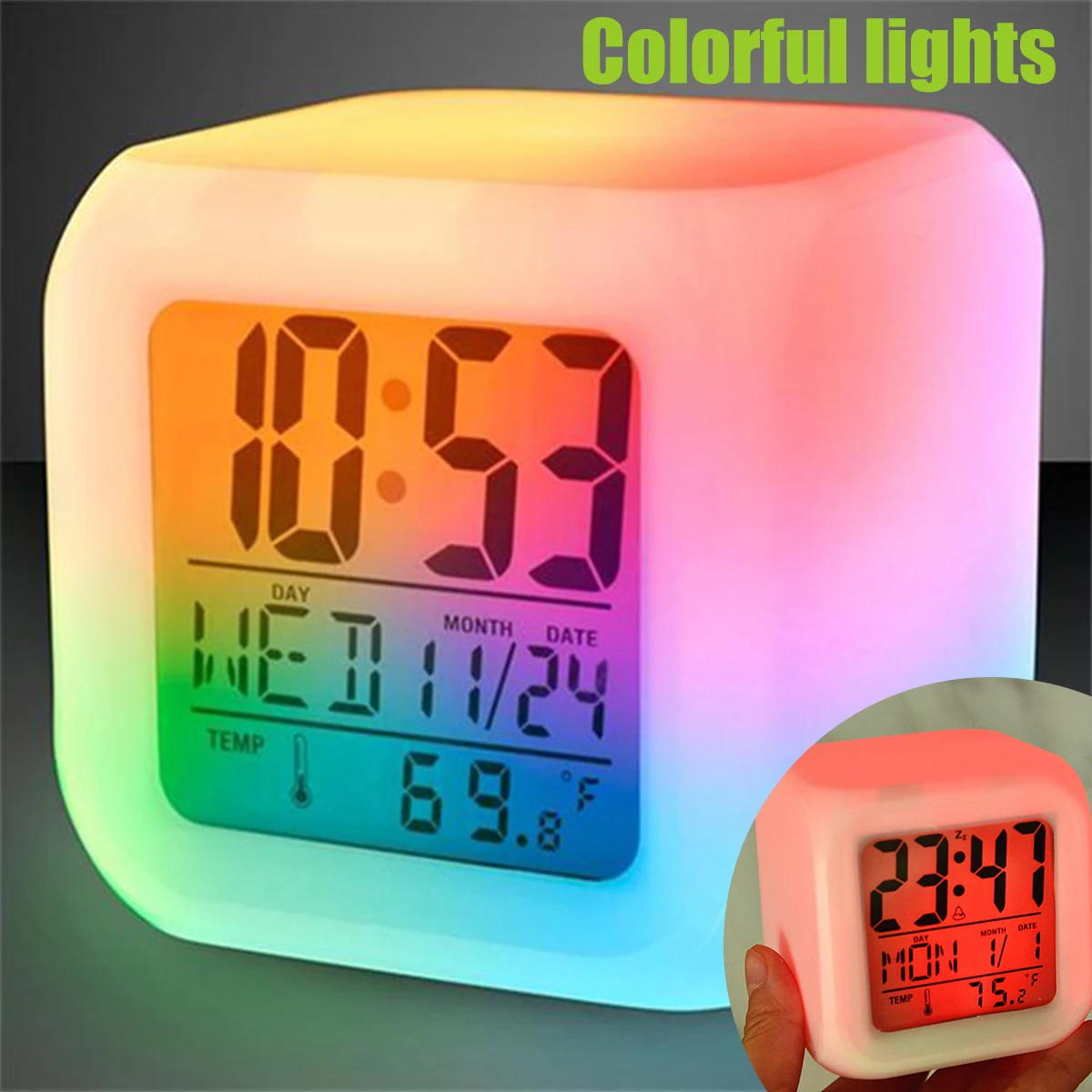LED Digital Alarm Clock Mini Desk Cube Clock with Colorful Lights and Multiple Modes Multifunctional Glow Desk Clock Battery
LED Digital Alarm Clock Mini Desk Cube Clock with Colorful Lights and Multiple Modes Multifunctional Glow Desk Clock Battery