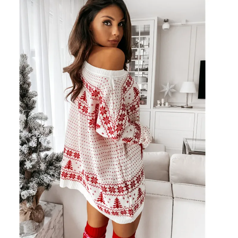

Y2K женский Рождественский свитер с принтом в виде снежинок и оленей, жаккардовое вязаное Свободное платье с длинным рукавом и круглым вырезом, осенне-зимняя уличная одежда