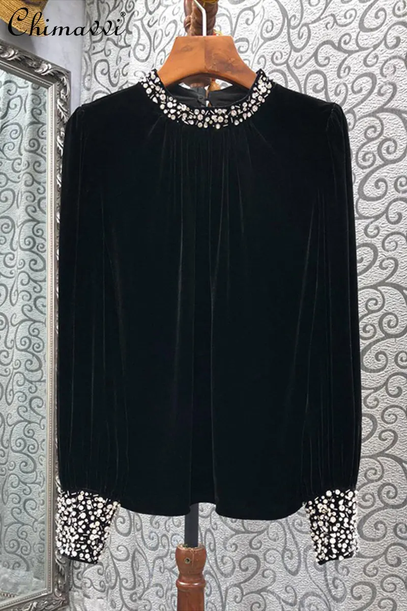 Black Velvet Shirt for Women 2023 Spring Autumn New Exquisite Rhinestone Design Round Neck Elegant French Style Long Sleeve Top
Black Velvet Shirt for Women 2023 Spring Autumn New Exquisite Rhinestone Design Round Neck Elegant French Style Long Sleeve Top