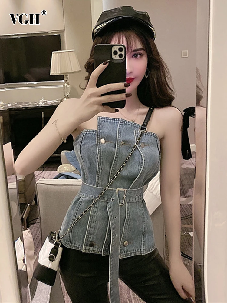 

VGH Patchwork Ruched Denim Vest For Women Sexy Slash Collar Sleeveless Asymmetrical Design Sashes Lace Up Vests Female Clothing