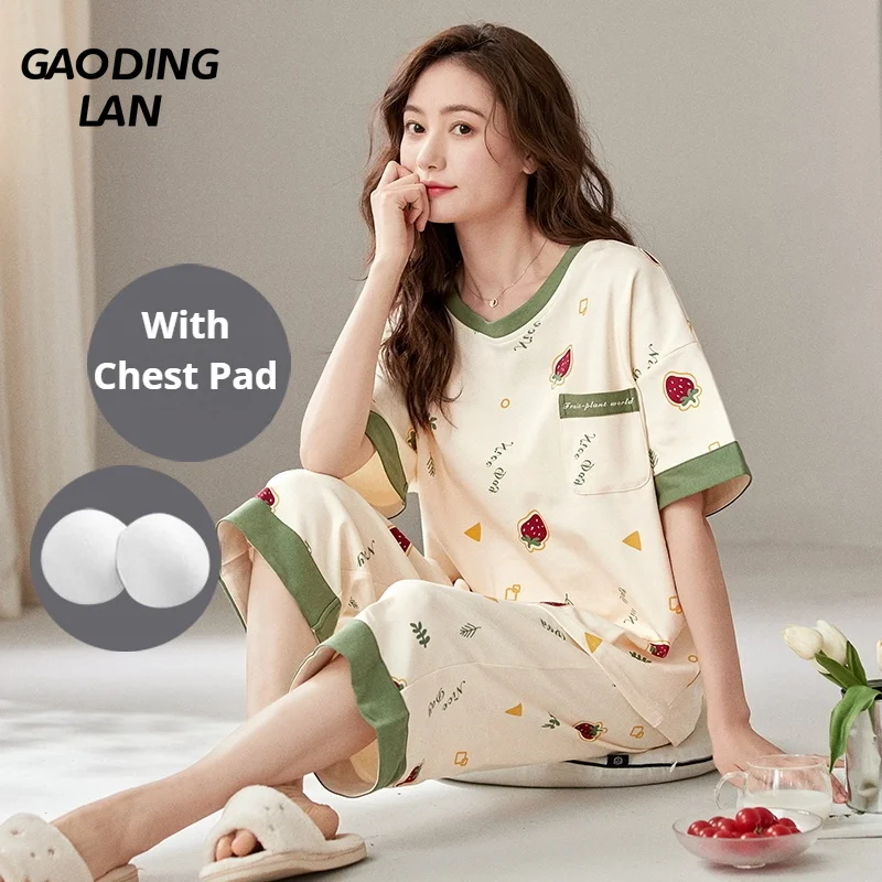 With Chest Pad Cotton Short Sleeve Women Pajamas Set Large Size 2 Piece Calf Length Shorts Pyjamas Suit Sweet Print Nightwear
With Chest Pad Cotton Short Sleeve Women Pajamas Set Large Size 2 Piece Calf Length Shorts Pyjamas Suit Sweet Print Nightwear