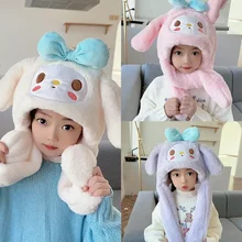 Kawaii Anime Sanrio My Melody Plush Hat Scarf Gloves Winter Child Cartoon Hat with Moving Ears Scarf and Hat One Body Keep Warm